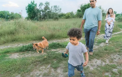Family with two young children out out walking their dog in a field