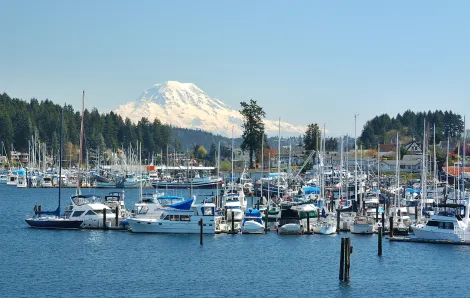 View of Gig Harbor waterfront marina with Mount Rainier in the background