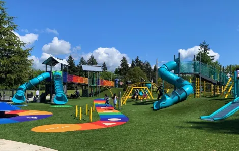 The colorful new play structures at Kent's West Fenwick Park near Seattle best new playgrounds of 2021 kids families Seattle Bellevue Tacoma Puget Sound area
