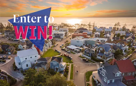 "Enter to Win" text over sunset in Seabrook, WA