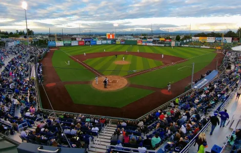 Overview of Funko Field in Everett, Washington, where the Everett AquaSox minor league baseball team plays near Seattle