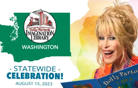 Dolly Parton and an image of WA state