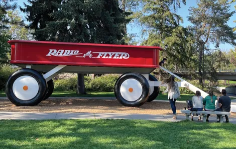 A large red wagon in Spoake is a wonderful roadside attraction in washigton