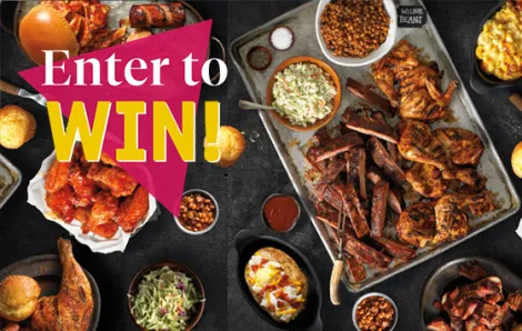 "Enter to Win" text over BBQ feast
