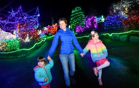 Holiday lights displays Seattle Tacoma Bellevue sparkling holiday fun mom and two girls at Zoolights at Point Defiance Zoo & Aquarium