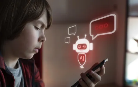 child looking at a phone using an AI chatbot