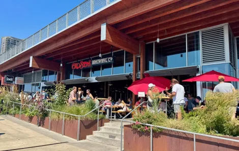 patio seating at Old Stove Co. Brewing in Pike Place Market, a family-friendly brewery