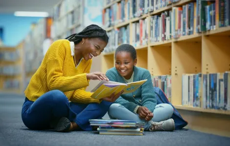 mom and child having fun at a local library