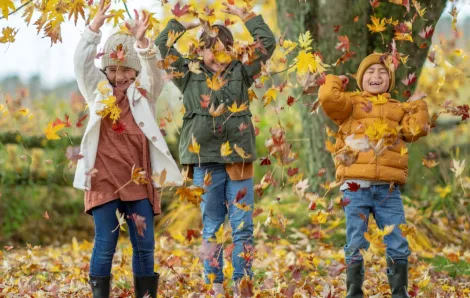 Two girls and a boy play in colorful leaves enjoying the season.