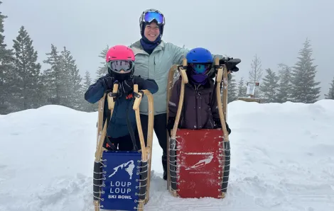 mom and two kids in the snow at Loup Loup