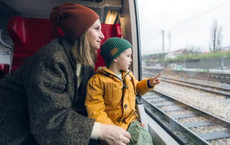 mom and child traveling on a train