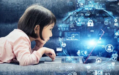 girl on a couch using a computer with AI