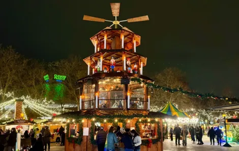 the Christmas pyramid at Seattle Christmas Market, illuminated at night