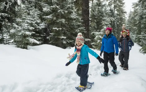 family snowshoeing together