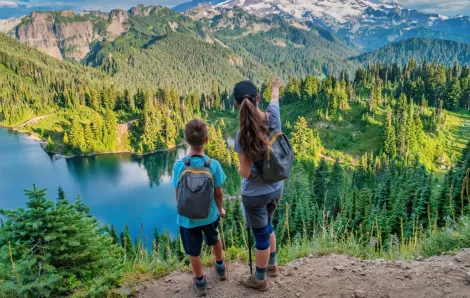 mom and son hiking at Mt. Rainier 