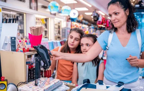 mother and daughters shopping in a store