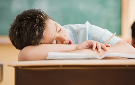 child sleeping at their desk at school
