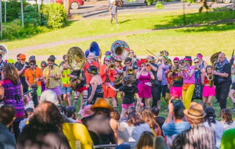 crowd watching a marching bad with big instruments play during Honk Fest West in Seattle