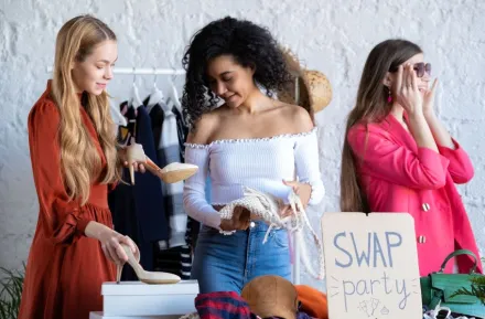 Three young women are swapping items at a swap party