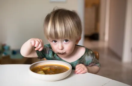 little boy sitting at a table eating a bowl of soup