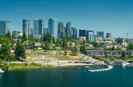 aerial view of downtown bellevue skyline and meydenbauer park