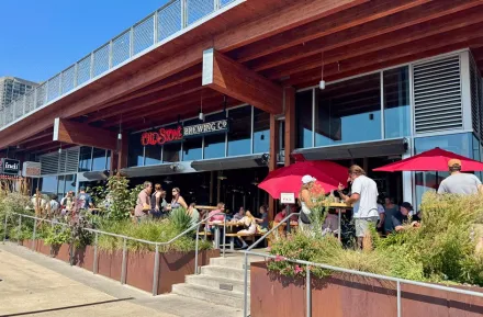 patio seating at Old Stove Co. Brewing in Pike Place Market, a family-friendly brewery