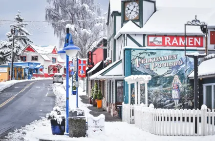 winter scene in Downtown Poulsbo with snow-covered stores