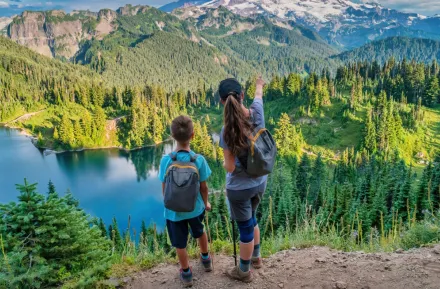 mom and son hiking at Mt. Rainier 