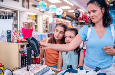 mother and daughters shopping in a store