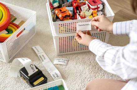 woman holding mobile label printer sticker with kids toys