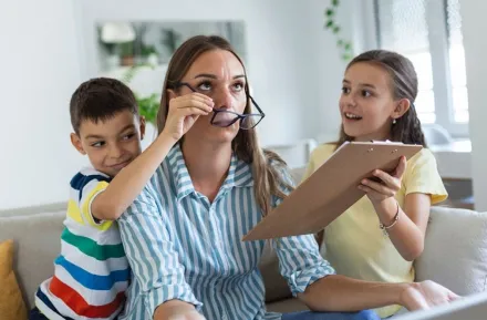 frustrated mum tired of difficult children trying to work from home