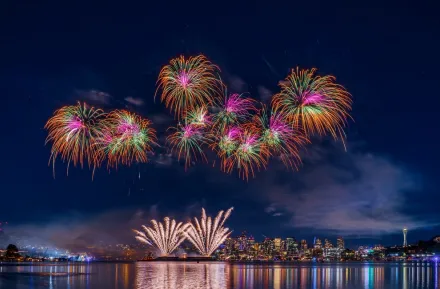 4th of July fireworks explode over Lake Union at Gasworks Park show.
