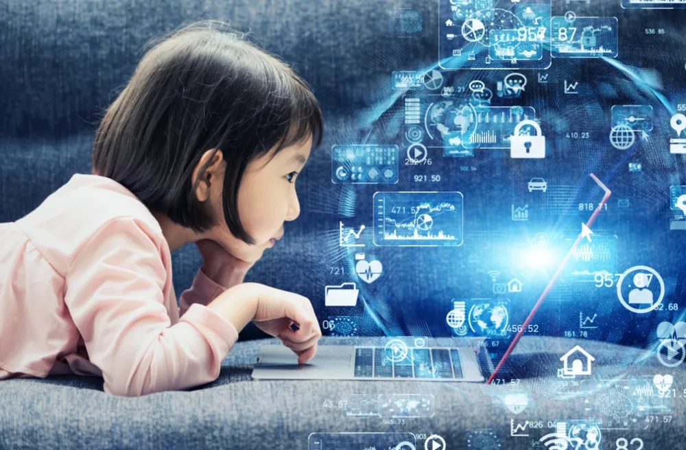 girl on a couch using a computer with AI