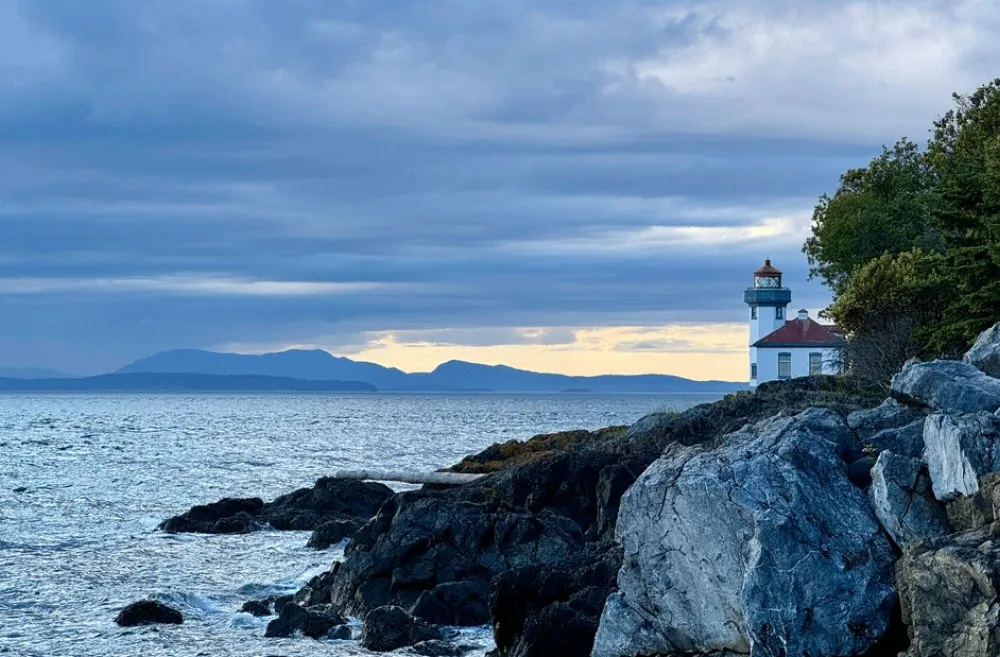 view of the water and lighthouse at Lime Kiln Point State Park