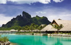 View of the water and bungalow suites at Four Seasons Resort Bora Bora