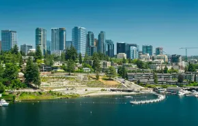 aerial view of downtown bellevue skyline and meydenbauer park