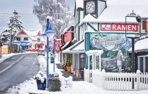 winter scene in Downtown Poulsbo with snow-covered stores