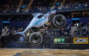megalodon monster truck in the air during Monster Jam, a family-friendly activity near Seattle happening this weekend