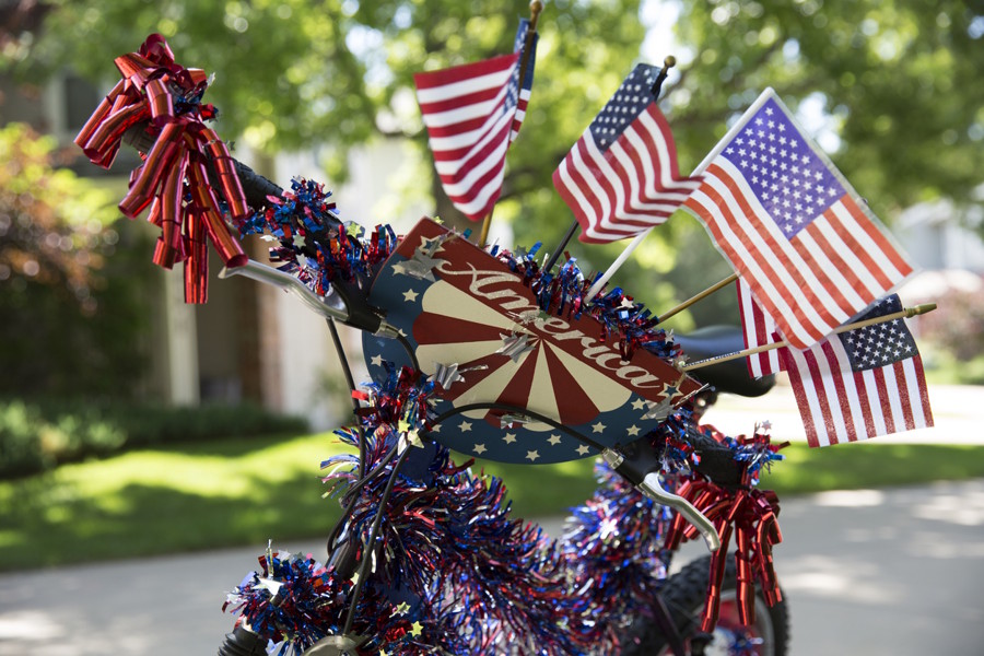 Bike decorated with flags and streamers for a 4th of July parade 