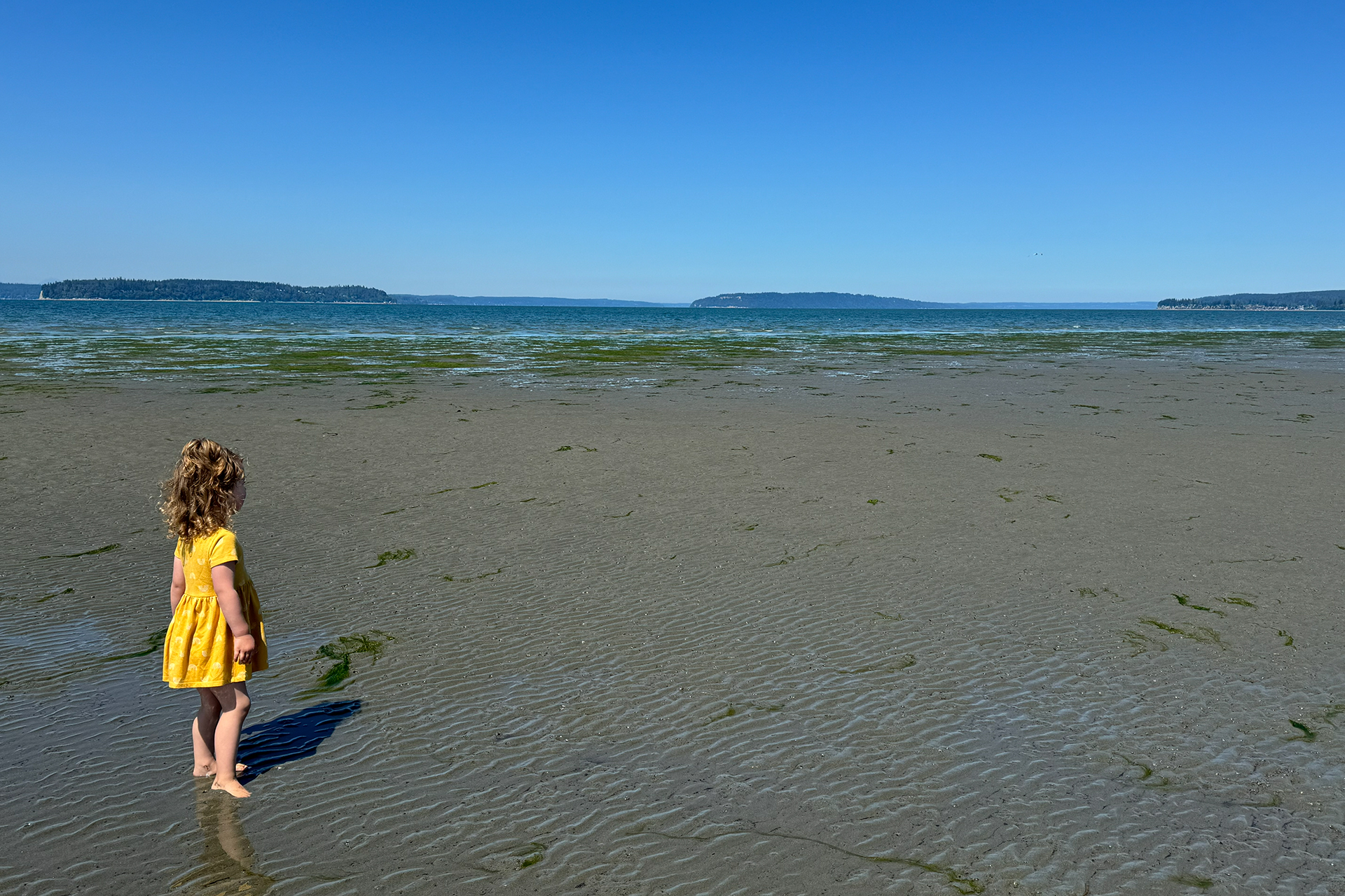Girl walking on a sandy beach near Seattle, Jetty Island