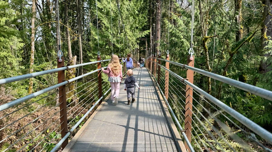 kids walking across the bridge at Bellevue Botanical Gardens, a Seattle-area attraction for kids