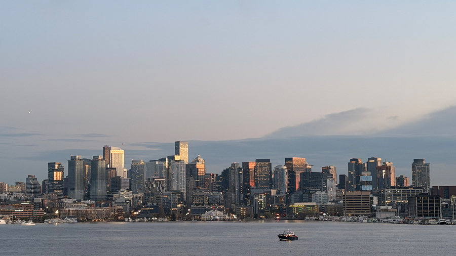 The view of the Seattle skyline from Gasworks Park. 