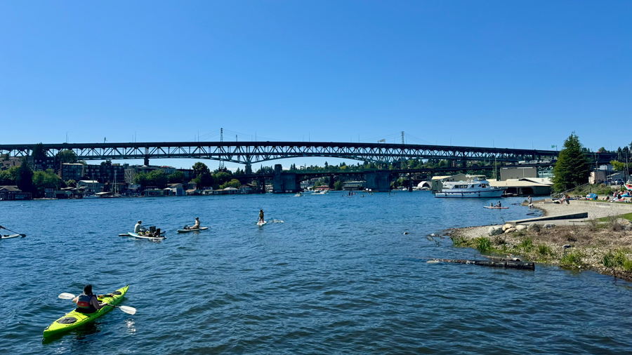kayakers on the water at Fritz Hedges Waterway Park, a secret beach in Seattle