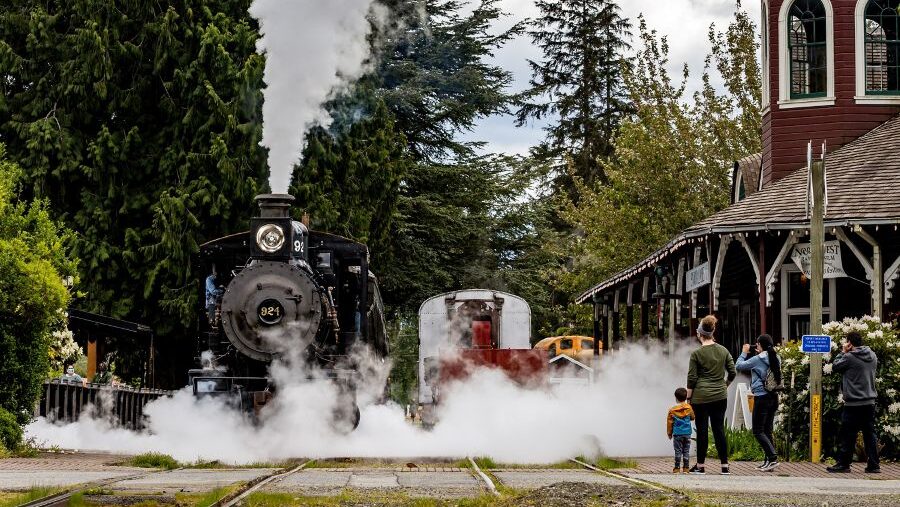Steam train pulling into the station for a Labor Day weekend train ride