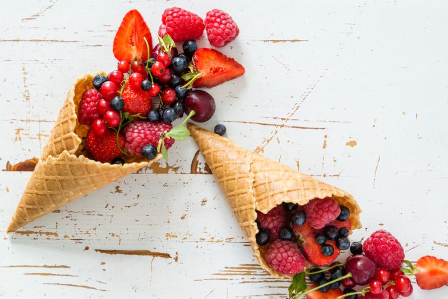 Fruit coming out of an ice-cream cone, a Thanksgiving starter for kids