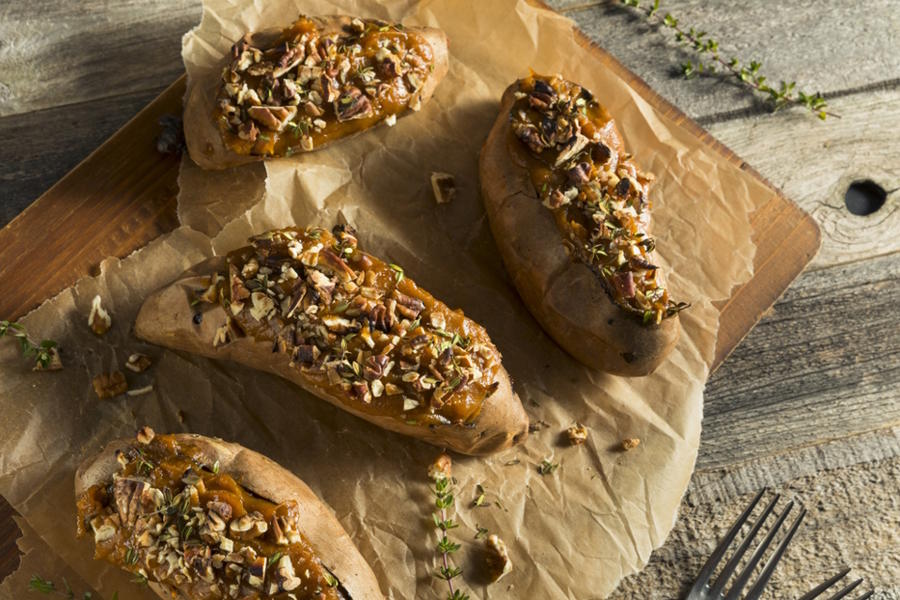 Twice backed sweet potato with toppings as a Thanksgiving starter kids will love