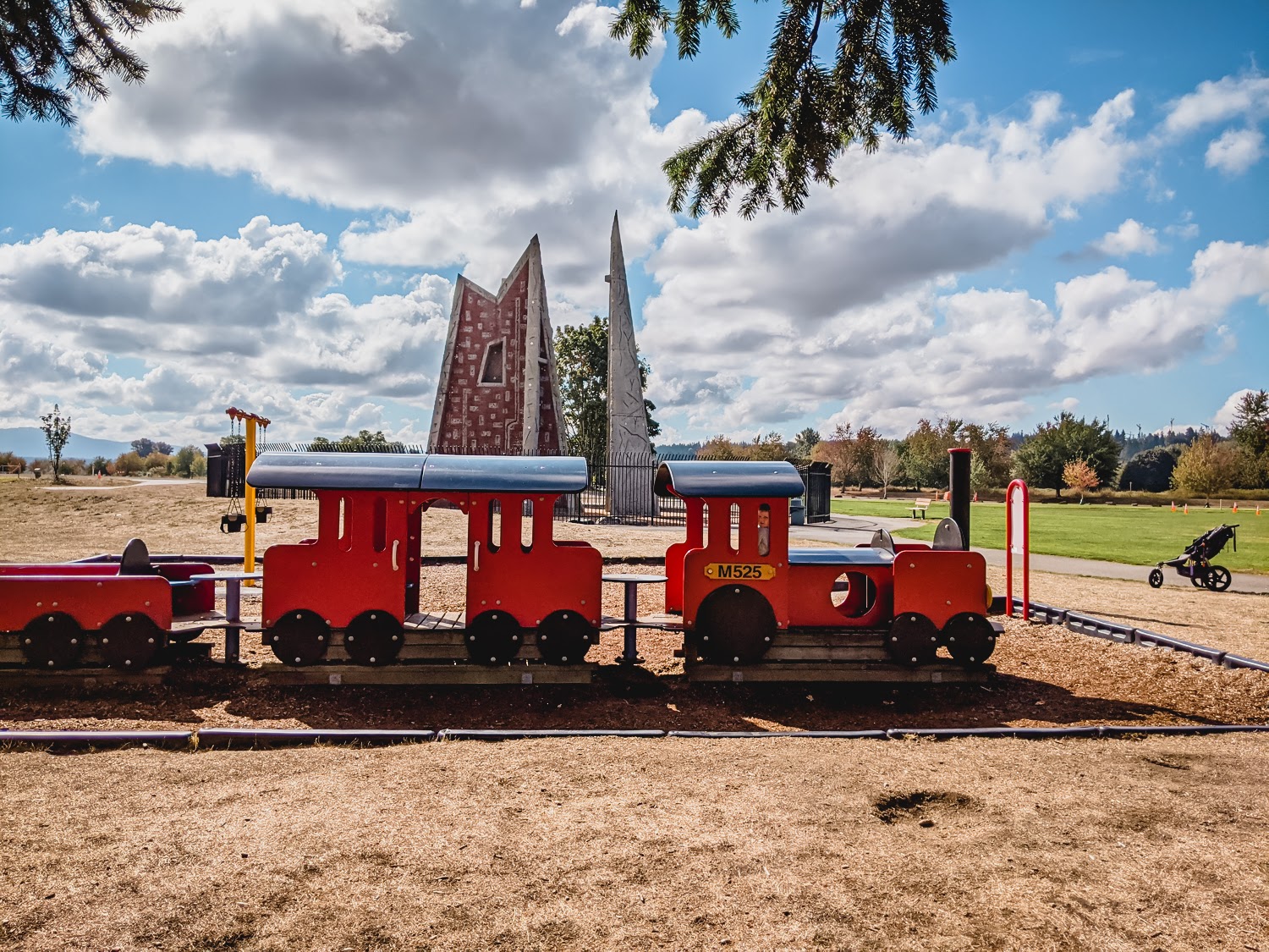 Train-themed play structure at Redmond, Washington’s Marymoor Park among