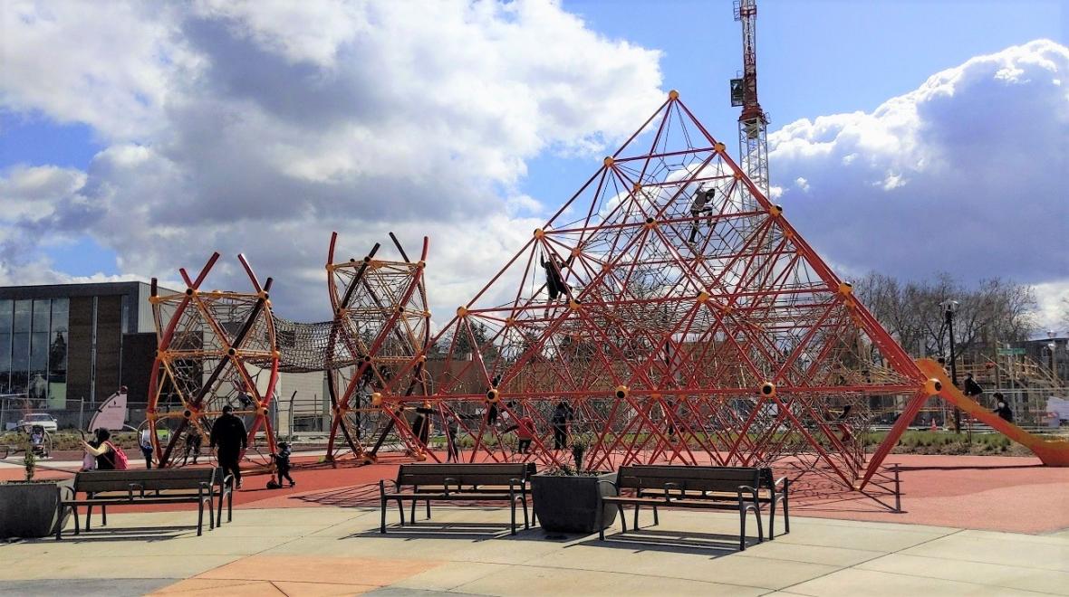 The impressive Neptun XXL climbing pyramid, the centerpiece of Sunset Neighborhood Park's new playground