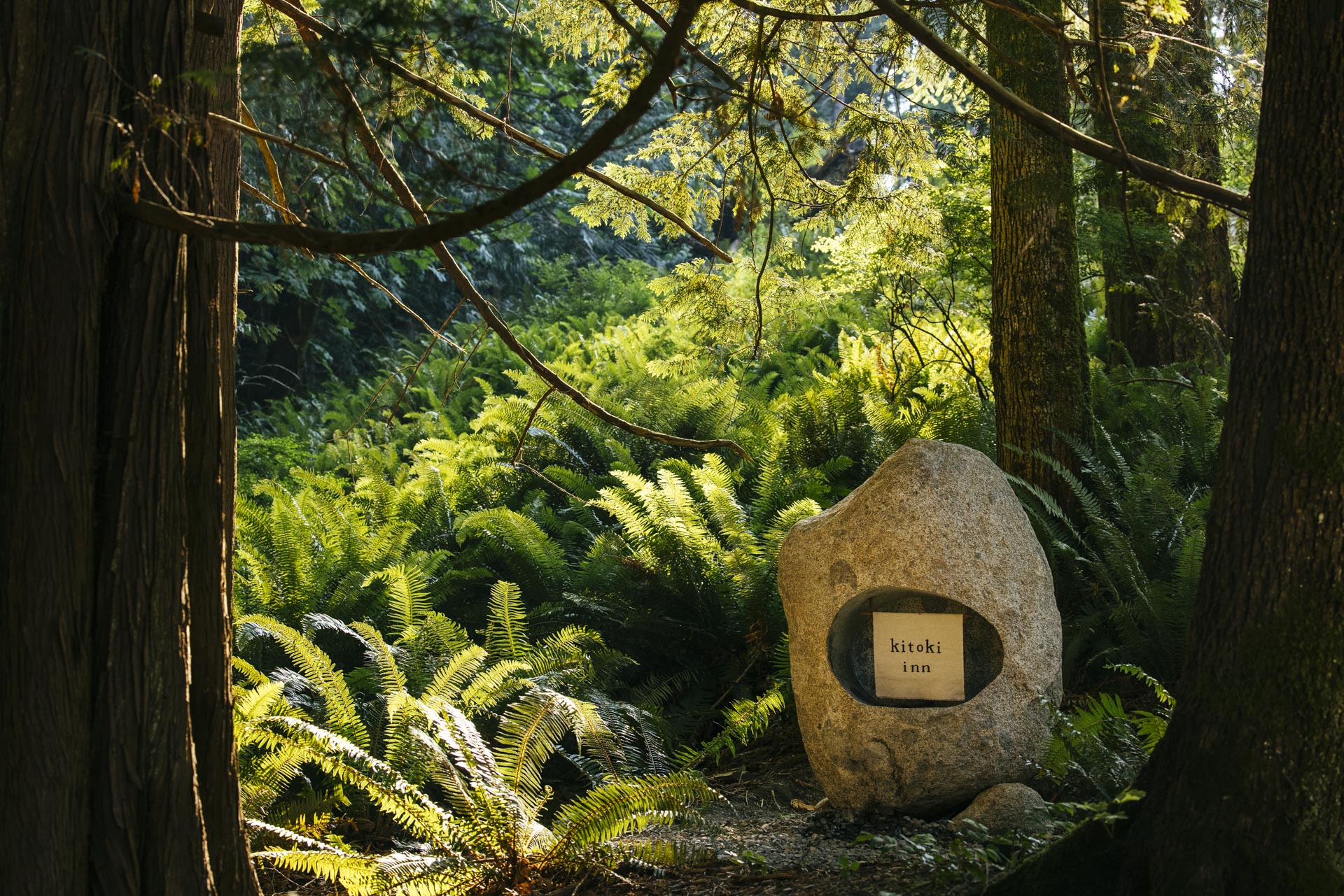 Tranquil view of the forest and inn sign at Kitoki Inn on Bowen Island