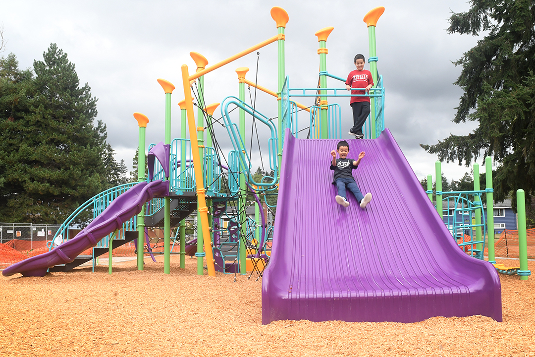 The giant purple slide at the updated playground at Renton's Cascade Park